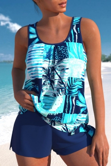 ROTITA Tie Cyan Tropical Plants Print Tankini Set