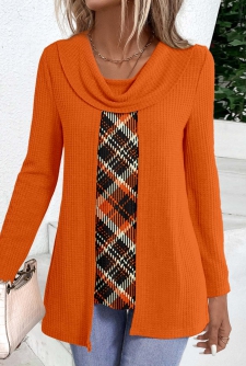 ROTITA Fake 2in1 Plaid Orange Draped Neck T Shirt