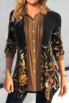 ROTITA Fake 2in1 Leaf Print Black Shirt Collar Blouse