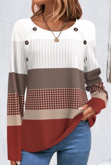 ROTITA Patchwork Geometric Print Wine Red Round Neck Sweatshirt