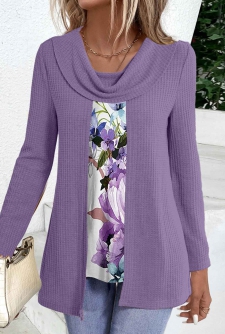 ROTITA Fake 2in1 Floral Print Purple T Shirt