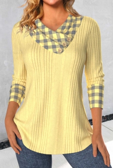 ROTITA Patchwork Plaid Light Yellow V Neck T Shirt