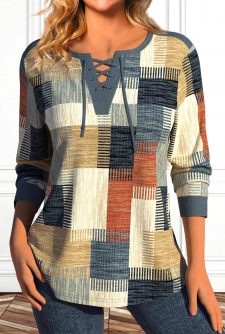 ROTITA Lace Up Geometric Print Multi Color T Shirt