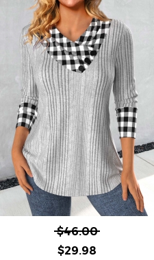 ROTITA Patchwork Plaid Light Grey Asymmetrical Neck Sweatshirt