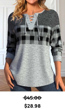 ROTITA Lace Up Plaid Light Grey Marl T Shirt