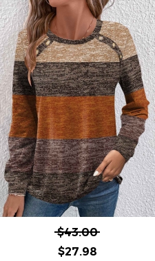 ROTITA Button Striped Dark Camel Round Neck T Shirt