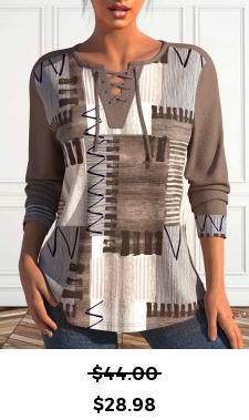 ROTITA Lace Up Geometric Print Light Coffee Split Neck Sweatshirt