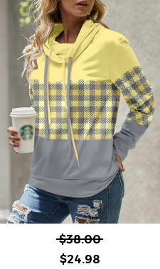 ROTITA Patchwork Plaid Light Yellow Cowl Neck Sweatshirt