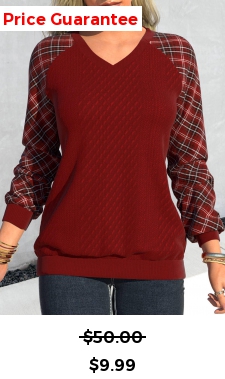 ROTITA Patchwork Plaid Deep Red V Neck Sweatshirt