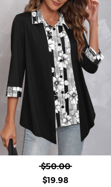 ROTITA Fake 2in1 Floral Print Black Shirt Collar Blouse