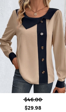 ROTITA Patchwork Light Camel Asymmetrical Neck Long Sleeve Blouse