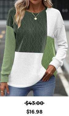 ROTITA Patchwork Blackish Green Round Neck Long Sleeve Sweatshirt