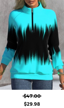 ROTITA Zipper Ombre Cyan High Neck Long Sleeve Sweatshirt