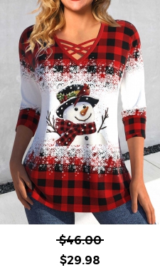 ROTITA Criss Cross Snowman Print Red V Neck T Shirt