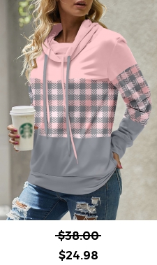 ROTITA Patchwork Plaid Light Pink Cowl Neck Long Sleeve Sweatshirt