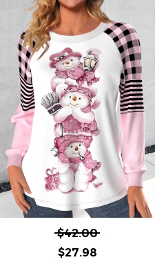 ROTITA Christmas Snowman Print Light Pink Round Neck Sweatshirt