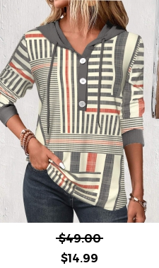 ROTITA Button Geometric Print Multi Color Long Sleeve Hoodie