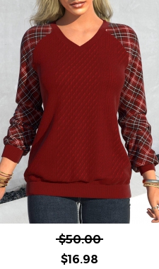 ROTITA Patchwork Plaid Deep Red V Neck Sweatshirt