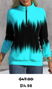 ROTITA Zipper Ombre Cyan High Neck Long Sleeve Sweatshirt