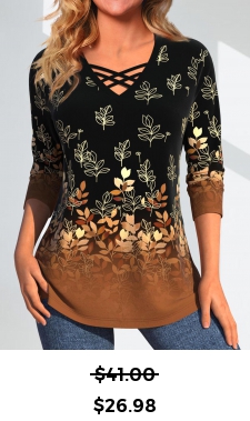 ROTITA Criss Cross Leaf Print Dark Camel T Shirt