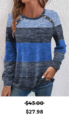 ROTITA Button Striped Blue Round Neck Long Sleeve T Shirt