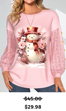 ROTITA Lace Santa Claus Print Light Camel Round Neck Sweatshirt