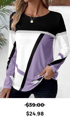 ROTITA Patchwork Geometric Print Light Purple Round Neck T Shirt