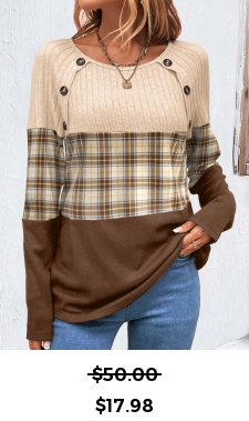 ROTITA Patchwork Plaid Dark Camel Round Neck T Shirt