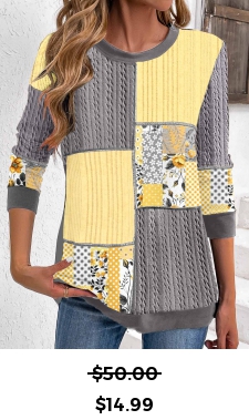 ROTITA Patchwork Geometric Print Grey Round Neck Long Sleeve Sweatshirt