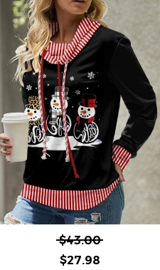ROTITA Christmas Snowman Print Red Cowl Neck Long Sleeve Sweatshirt