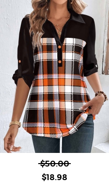 ROTITA Patchwork Plaid Multi Color Shirt Collar Blouse