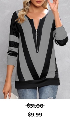 ROTITA Zipper Contrast Color Grey Split Neck T Shirt