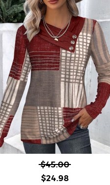 ROTITA Button Geometric Print Wine Red Asymmetrical Neck T Shirt
