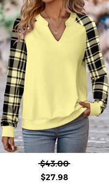 ROTITA Split Plaid Light Yellow Long Sleeve Sweatshirt