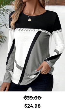 ROTITA Patchwork Geometric Print Multi Color Round Neck T Shirt