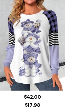 ROTITA Patchwork Snowman Print Light Purple Round Neck T Shirt