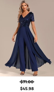 ROTITA Sequin Navy Long V Neck Short Sleeve Jumpsuit