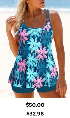 ROTITA Circular Ring Peacock Blue Tropical Plants Print Tankini Set