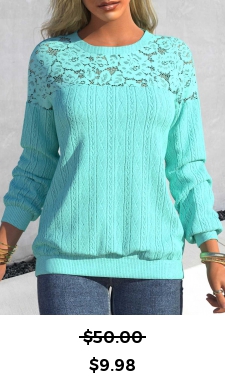 ROTITA Patchwork Cyan Round Neck Long Sleeve Sweatshirt