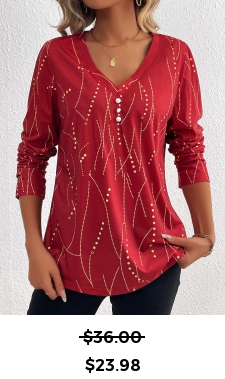 ROTITA Button Geometric Print Wine Red V Neck T Shirt