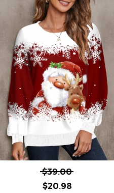 ROTITA Patchwork Christmas Print Wine Red Round Neck Sweatshirt