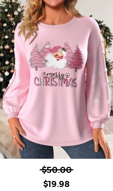 ROTITA Button Christmas Print Light Pink Round Neck Sweatshirt