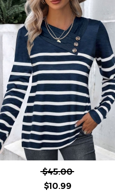 ROTITA Button Striped Navy Asymmetrical Neck T Shirt