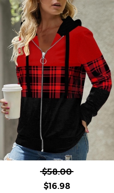 ROTITA Patchwork Plaid Red Long Sleeve Hoodie