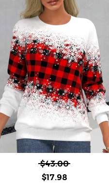 ROTITA Snowflake Print Red Round Neck Long Sleeve Sweatshirt
