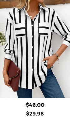 Pocket Striped Black Shirt Collar Long Sleeve Blouse
