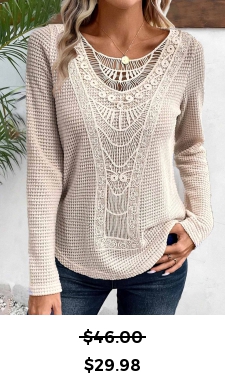ROTITA Lace Beige Round Neck Long Sleeve T Shirt