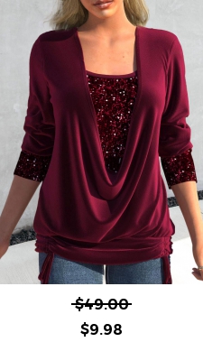 ROTITA Sequin Wine Red Square Neck T Shirt