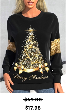ROTITA Sequin Christmas Tree Print Black Round Neck Sweatshirt