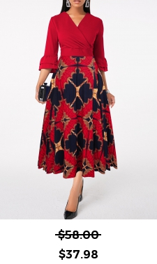 ROTITA Patchwork Tribal Print Wine Red Cross Collar Dress